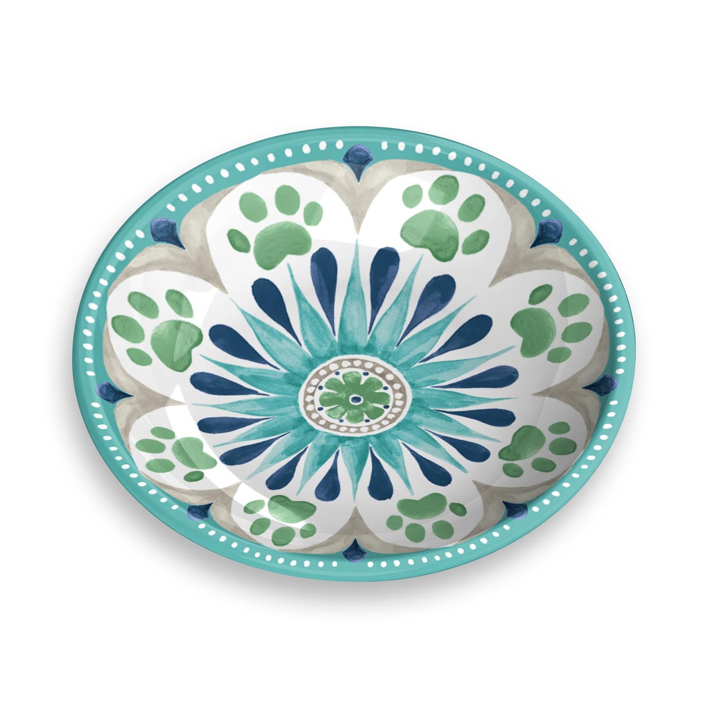 Plato de melamina con diseño floral y huellitas verdes y azules, ideal para gatos y perros pequeños.