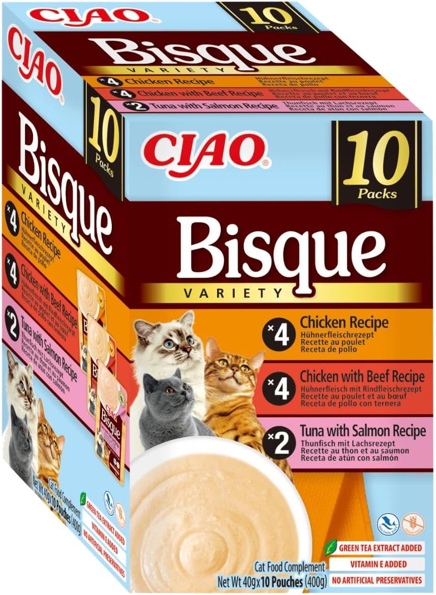 Churu Ciao Bisque multipack pollo, buey y atún con salmón en sobres de 40 g para gatos