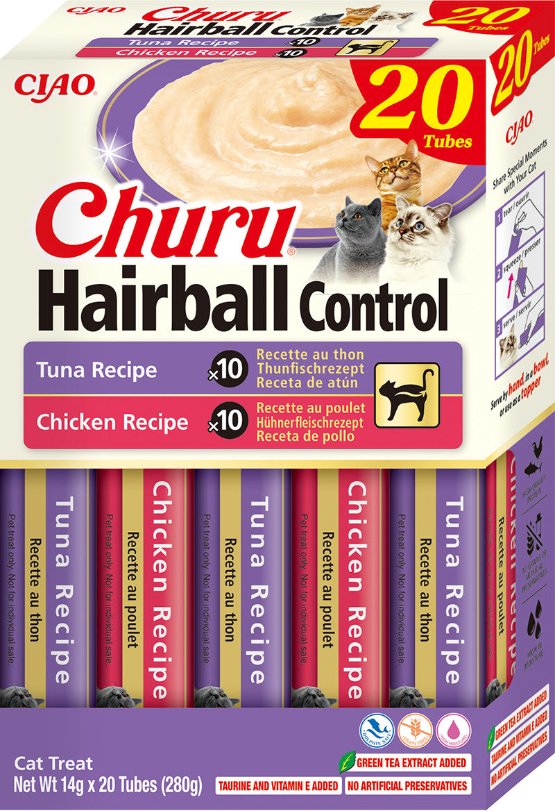 🐾 Pack Ahorro Churu Hairball Control – 20 unidades (10 atún + 10 pollo)