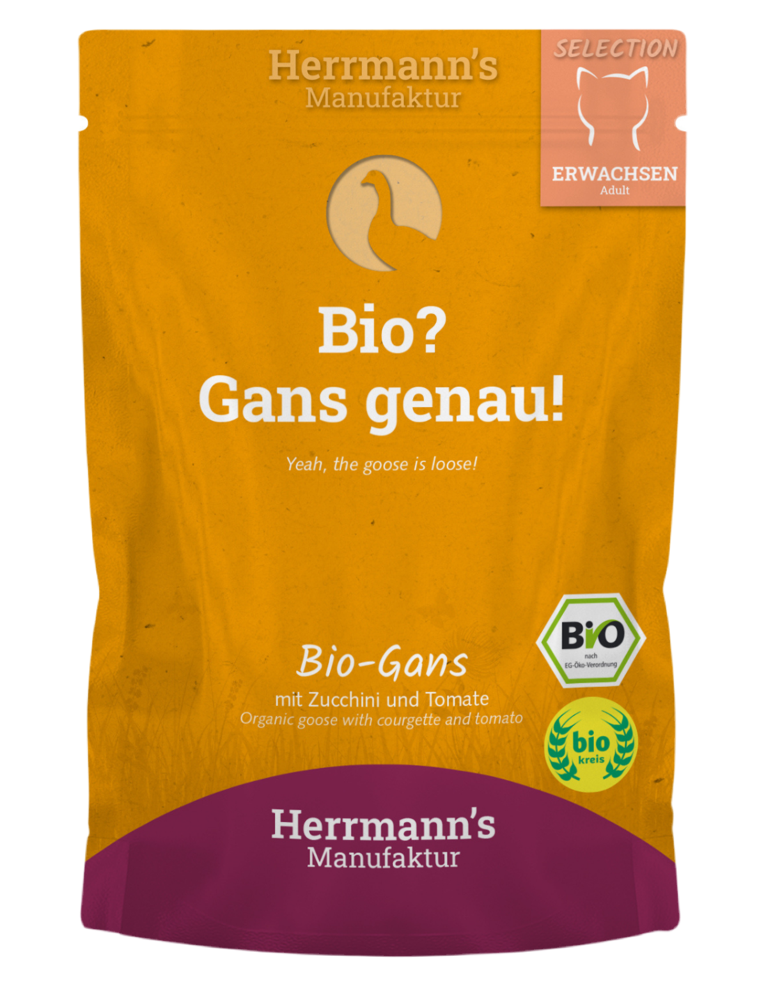 Lata de comida húmeda ecológica Herrmann’s con ganso y calabacín para gatos
