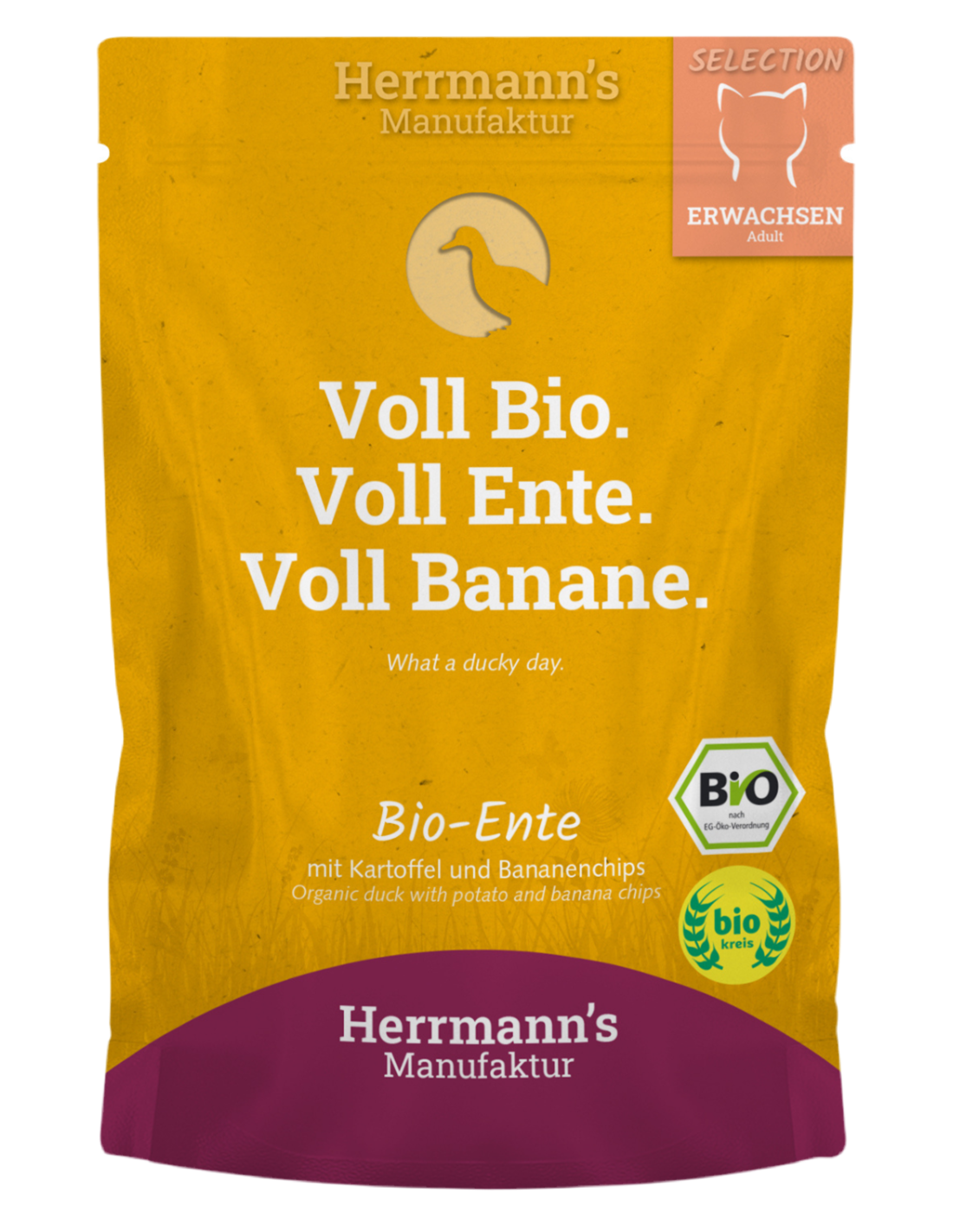 Lata de comida húmeda ecológica Herrmann’s con pato y patata para gatos