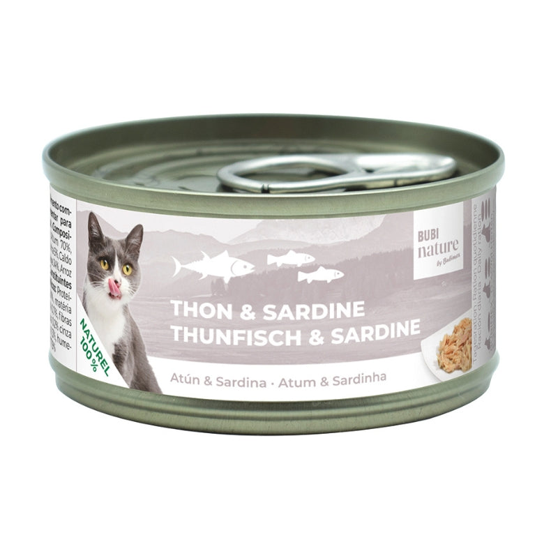 Lata de comida húmeda para gatos Bubi Nature filetes de atún con sardinas 140 g.