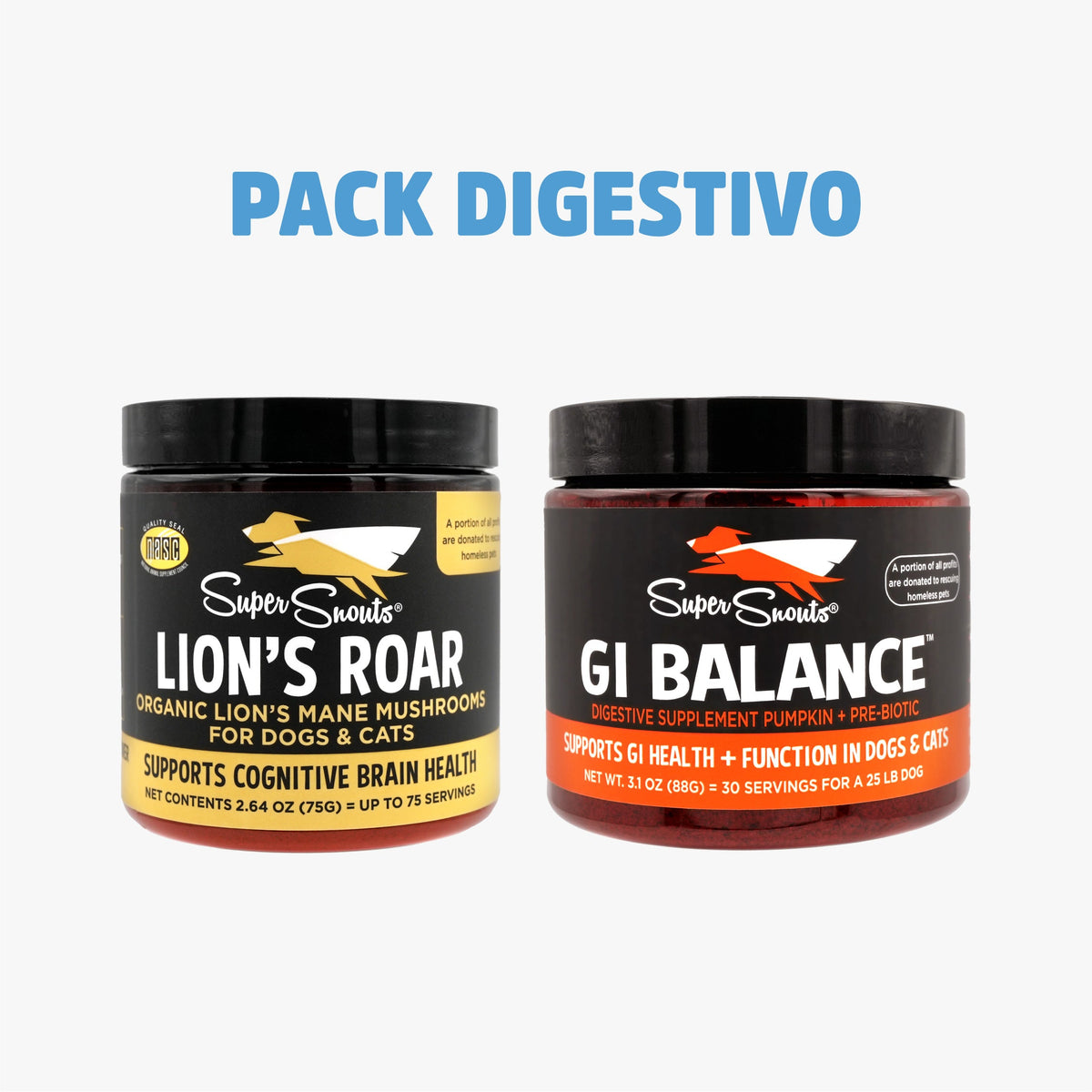 Pack digestivo Super Snouts: Lion’s Roar de 75 g y GI Balance de 88 g