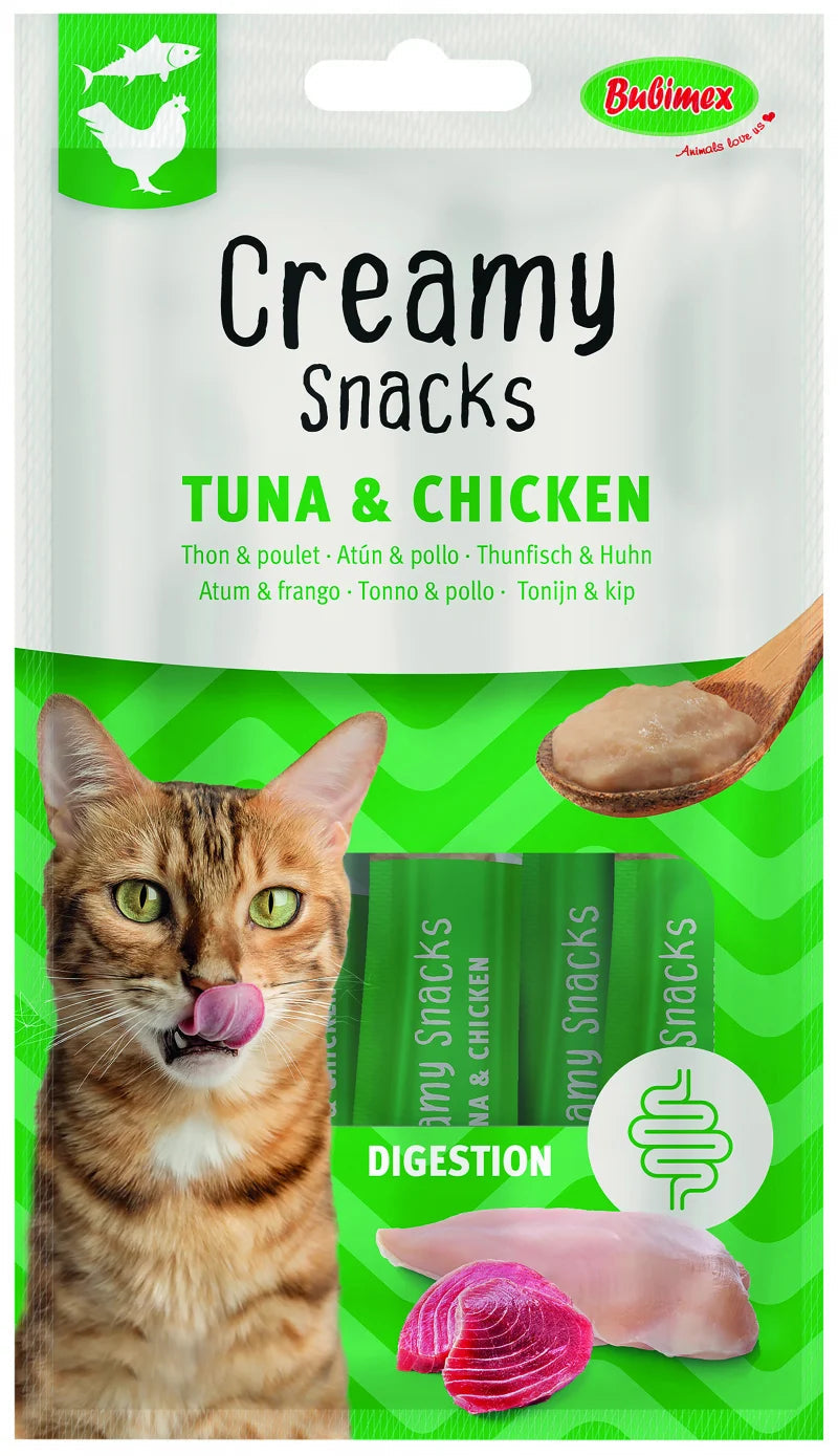 Pack 12 Bubimex Creamy Snacks Digestion atún y pollo para gatos