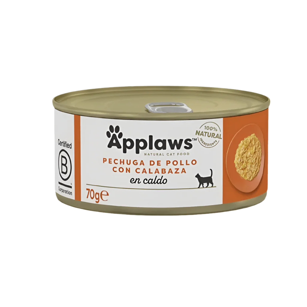 Pack 24 latas Applaws de comida húmeda para gatos, pollo con calabaza en caldo natural de 70g.
