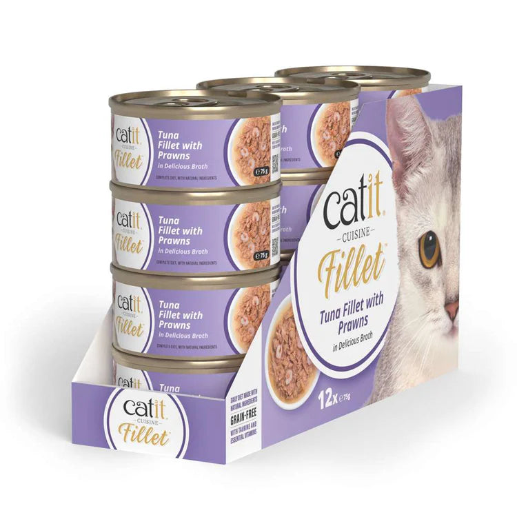 Pack ahorro 12 latas Catit Cuisine Fillet atún con gambas en caldo comida húmeda completa para gatos alta en proteína y sin cereales