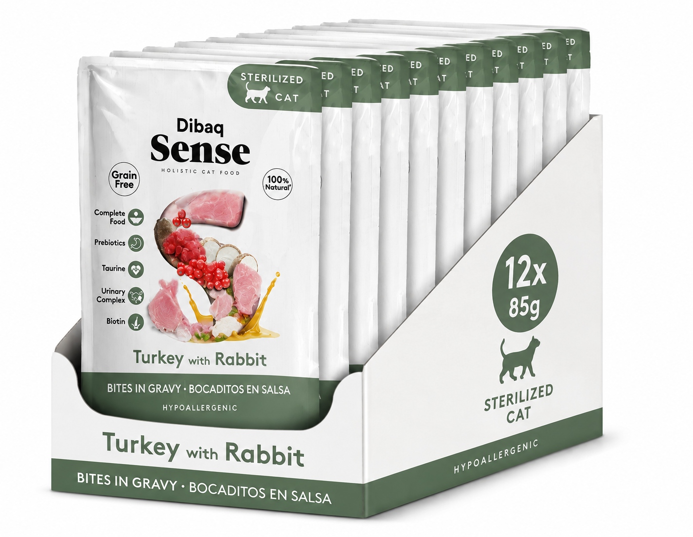 Pack ahorro de 12 sobres Dibaq Sense Bocaditos en Salsa de Pavo y Conejo para Gatos Esterilizados