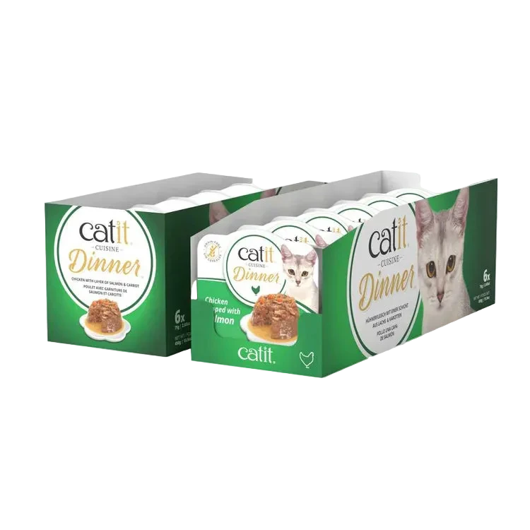 pack ahorro 6 tarrinas catit cuisine dinner pollo con salmón comida húmeda para gatos