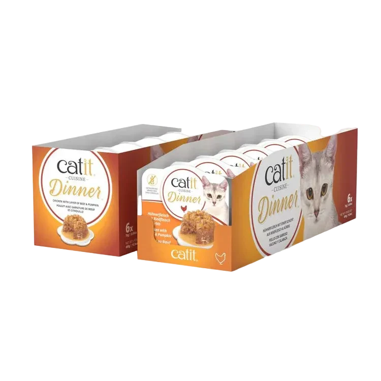 Pack ahorro de 6 tarrinas Catit Cuisine Dinner Pollo con Vacuno y Calabaza. Comida húmeda completa para gatos sin cereales, rica en proteínas y muy sabrosa.