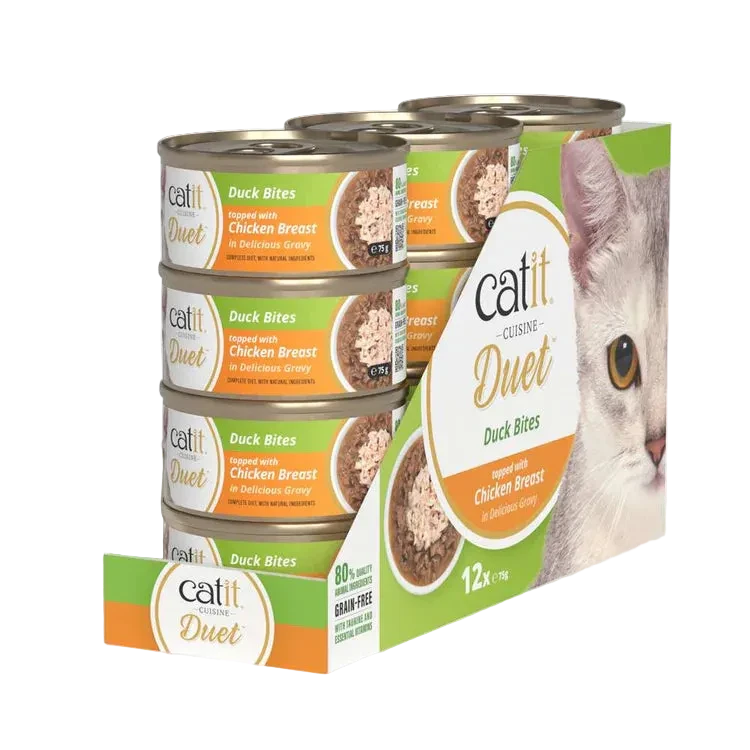 Pack de 12 latas Catit Cuisine Duet pato con pollo comida húmeda completa para gatos con doble textura en salsa