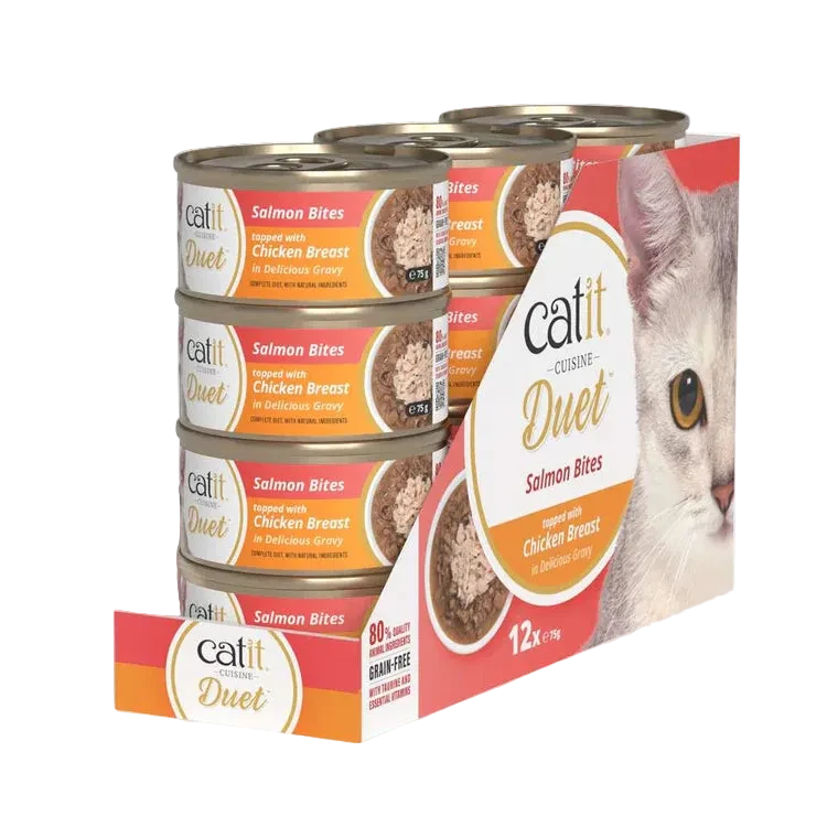 Pack de 12 latas Catit Cuisine Duet salmón con pollo comida húmeda completa para gatos con doble textura en salsa