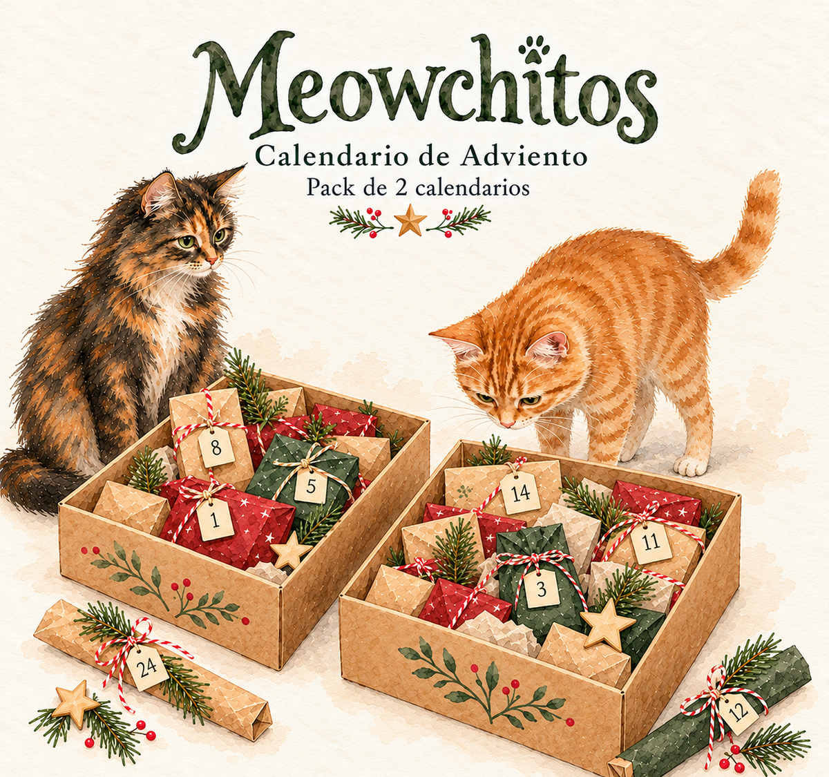 Pack de 2 calendarios de Adviento para gatos Meowchitos 2026, cada uno en su caja navideña.