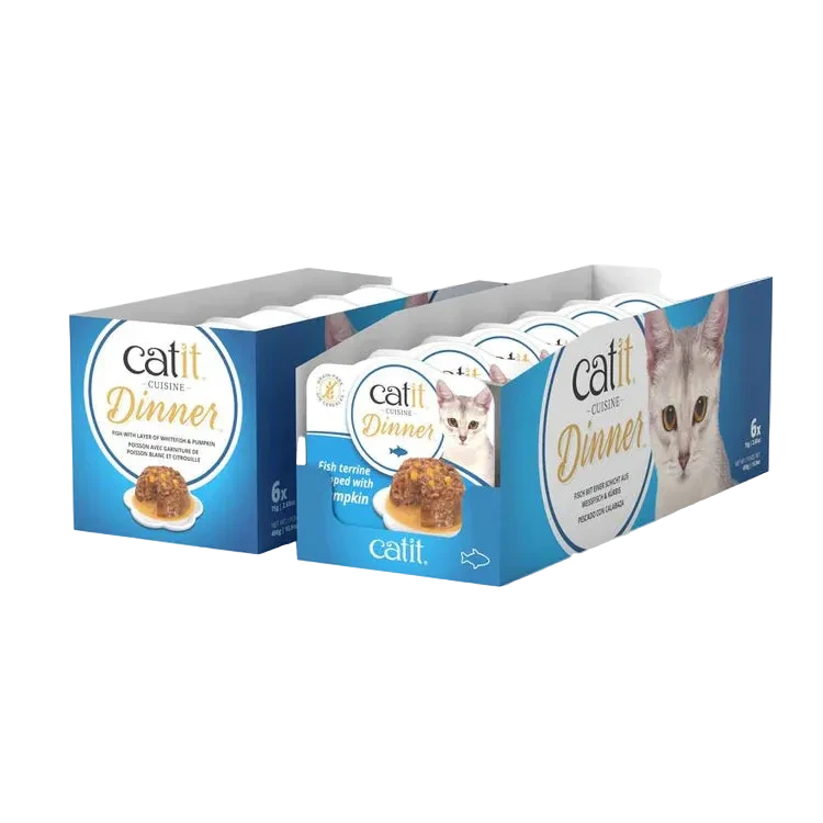 Pack de 6 tarrinas Catit Cuisine Dinner pescado con calabaza alimento húmedo completo para gatos en salsa con doble capa
