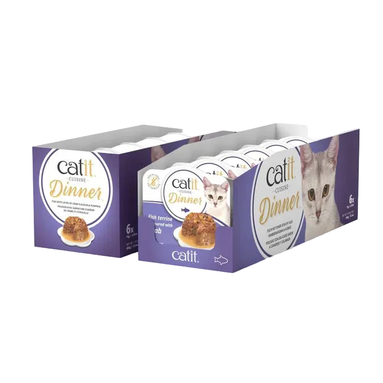 Pack de 6 tarrinas Catit Cuisine Dinner pescado sabor cangrejo comida húmeda completa para gatos en salsa con doble capa
