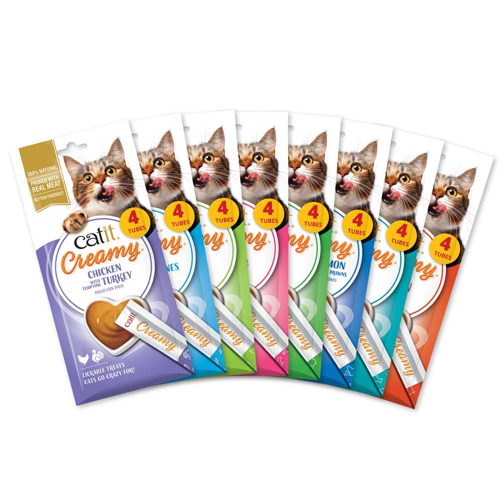 tubos cremosos gatos caPack degustación Catit Creamy con 8 sabores de snacks líquidos para gatostit