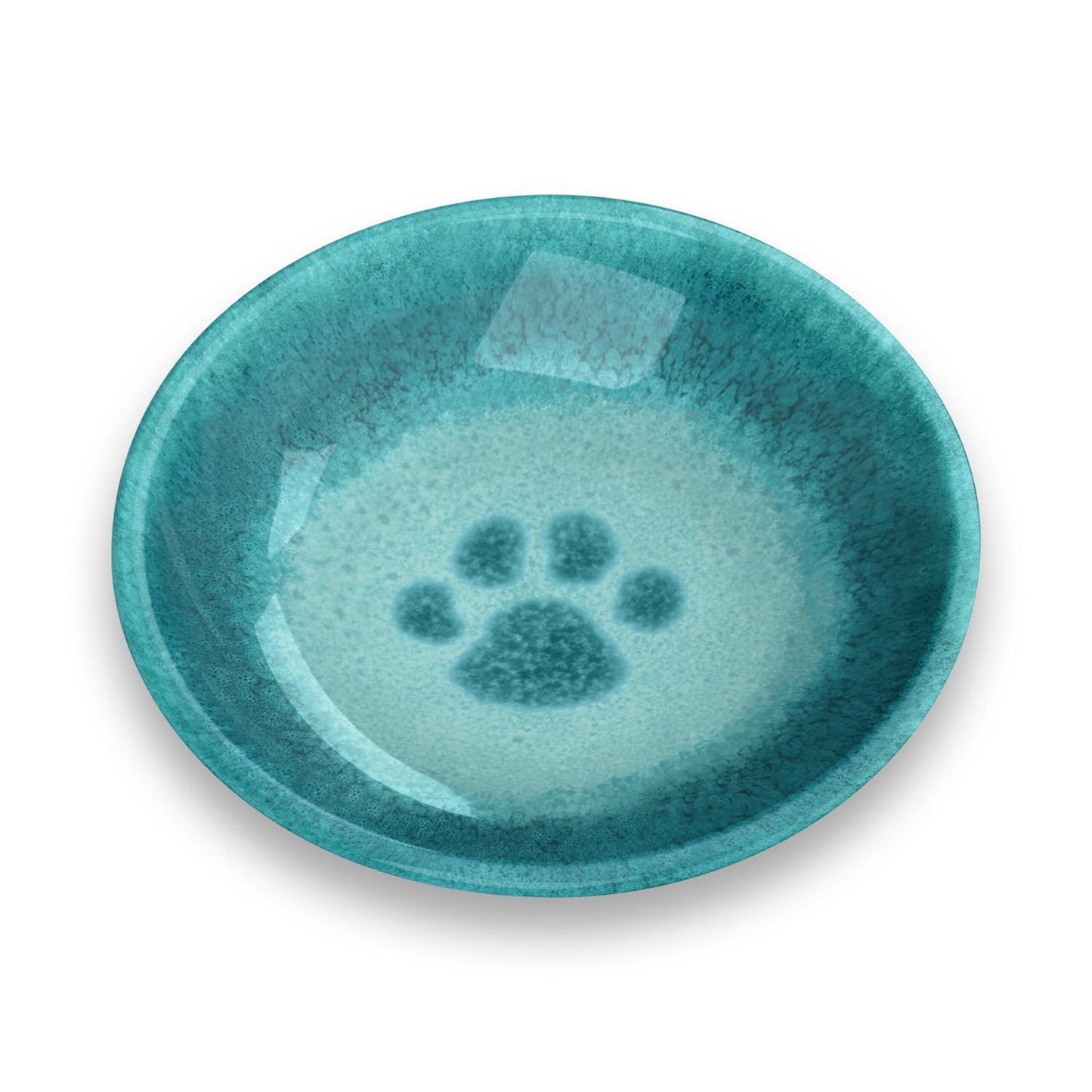 Plato de melamina antideslizante para gatos y perros pequeños en color verde agua con huella central, resistente, higiénico y apto para lavavajillas, capacidad 200 ml.