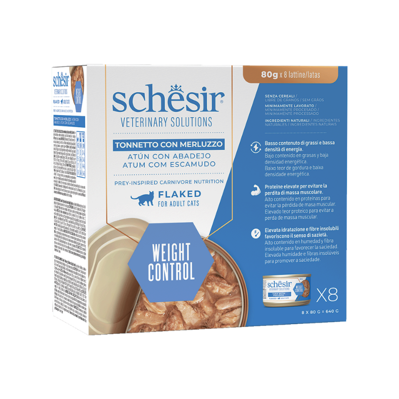 Schesir Cat Vet Weight Control filetes en caldo de pescado pack 8x80g para gatos