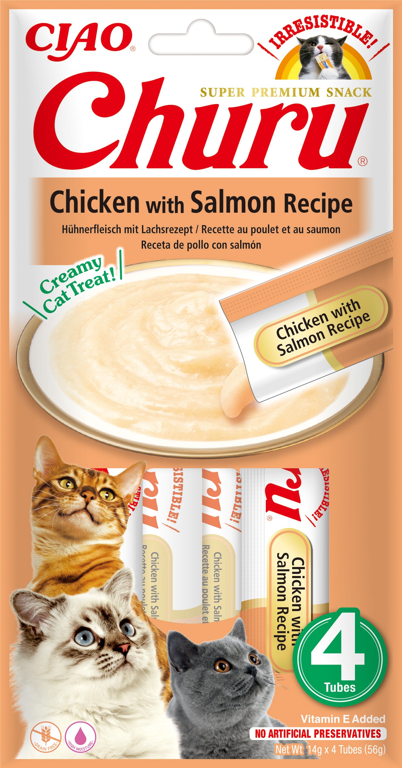 Snack cremoso Inaba Churu de pollo con salmón para gatos