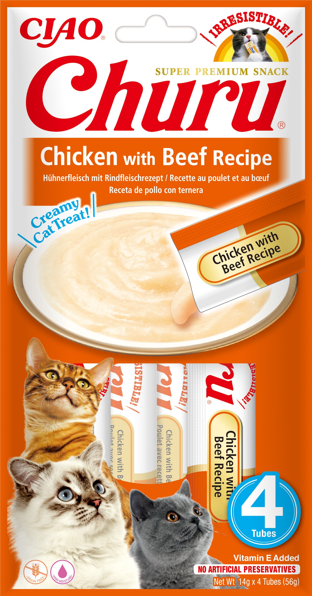 Snack cremoso Inaba Churu de pollo con ternera para gatos