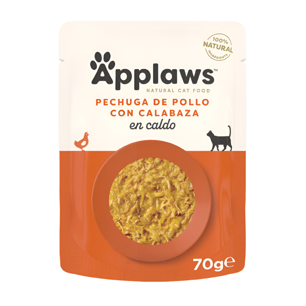 Sobre de 70g Applaws para gatos, receta natural de pollo con calabaza en caldo, alimento húmedo complementario.