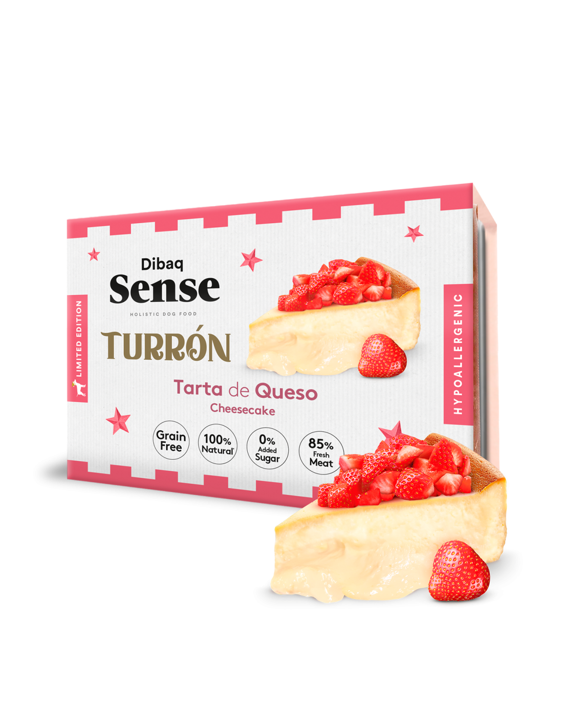 Turrón artesanal Tarta de queso Dibaq Sense para perros y gatos con pollo, pato, pavo y fresa. Snack navideño sin cereales.
