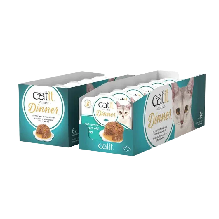 pack ahorro 6 tarrinas catit cuisine dinner pescado con capa de atún comida húmeda para gatos