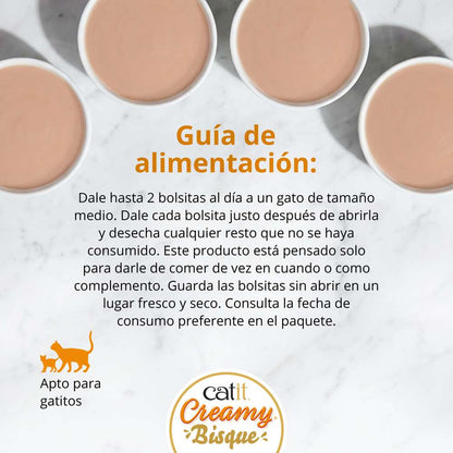 1. Catit Creamy Bisque Pollo y Pato junto a una representación de sus ingredientes