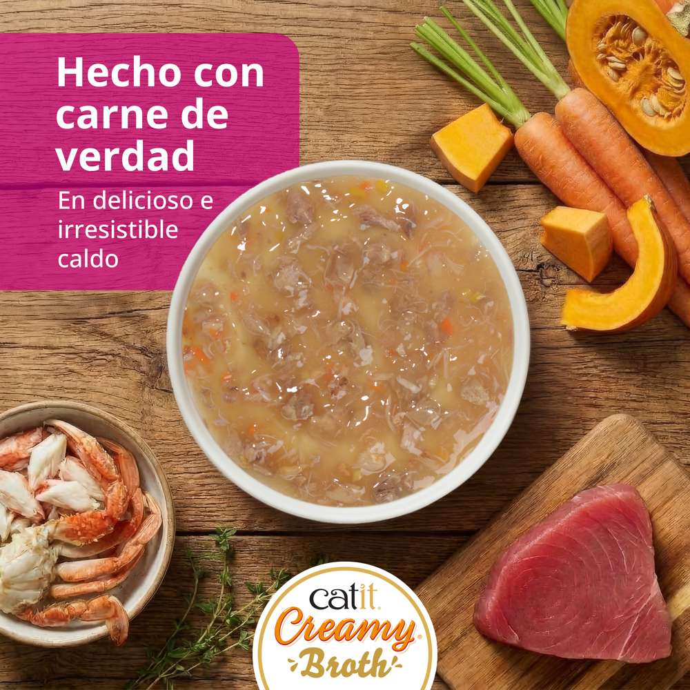 1. Cuenco de Catit Creamy Broth Atún y Cangrejo junto a atún, cangrejo, zanahoria y calabaza