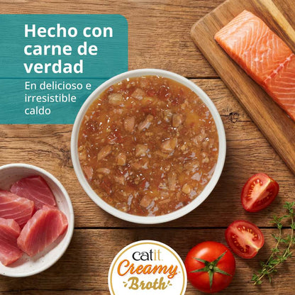 1. Cuenco de Catit Creamy Broth Atún y Salmón junto a atún, salmón y tomates