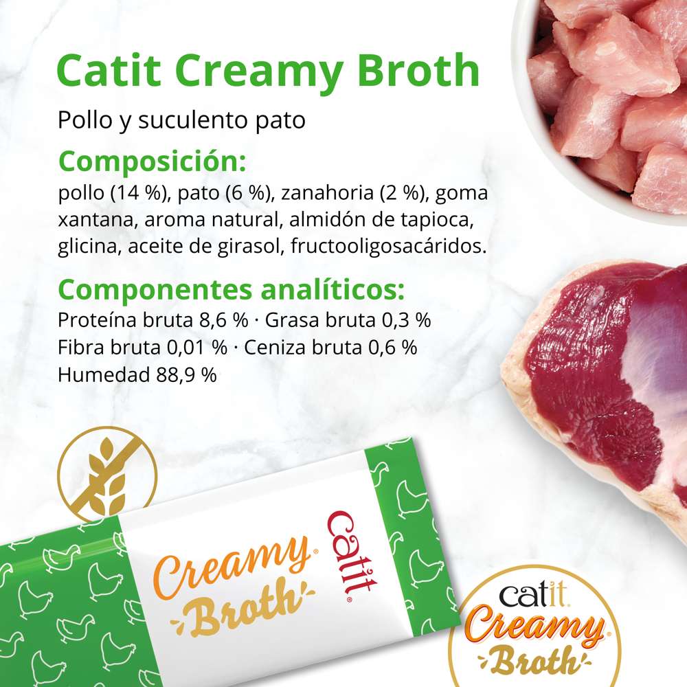 1. Cuenco de Catit Creamy Broth Pollo y Pato junto a pollo, pato y zanahorias