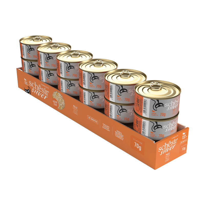 Lata Schesir Silver filetes de pollo en caldo para gatos senior 70 g