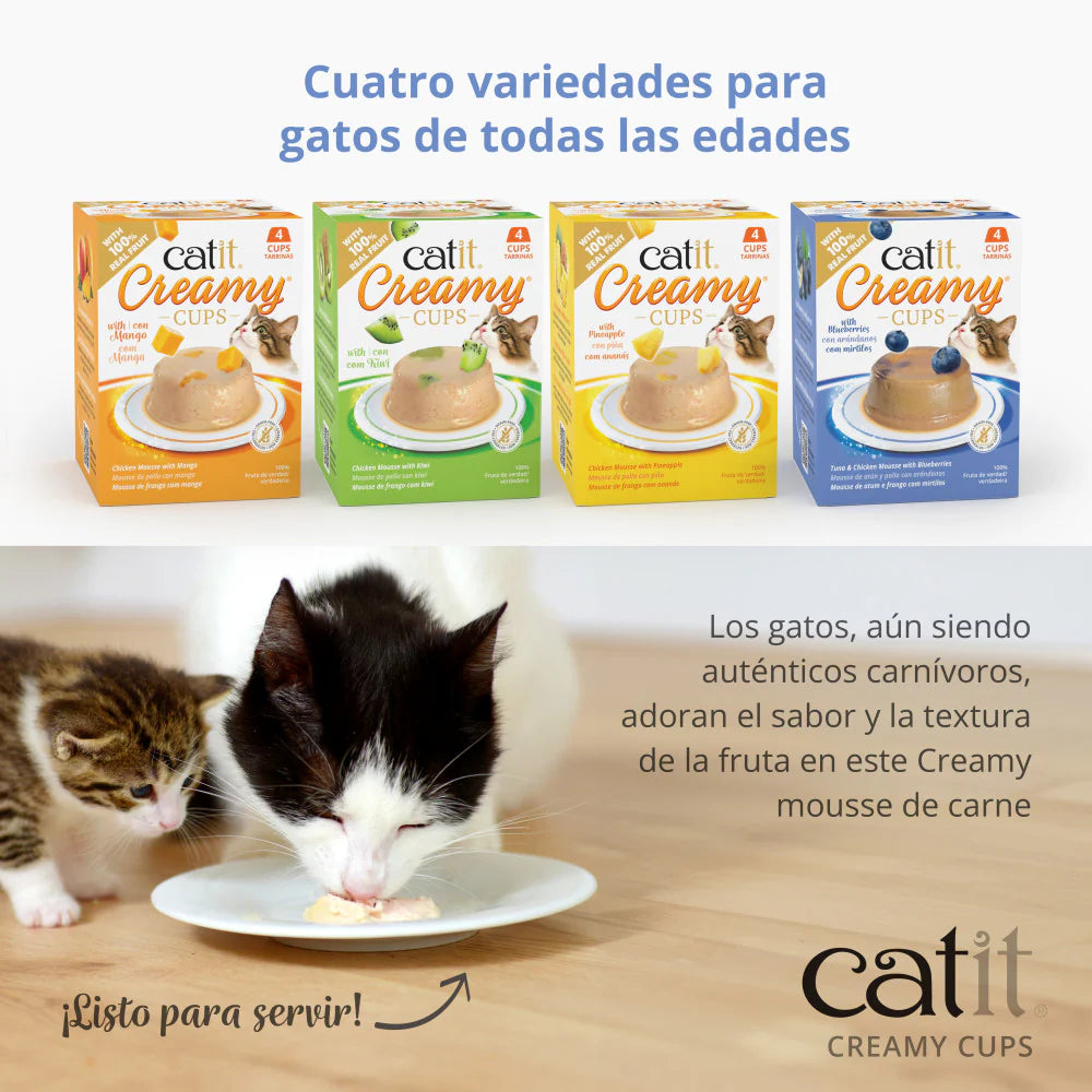 Snack Catit Creamy Cups para gatos con mousse cremosa y fruta natural