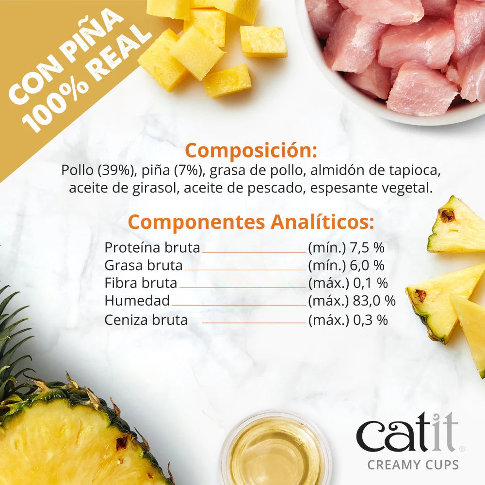 Mousse cremosa Catit Creamy Cups de pollo con piña para gatos