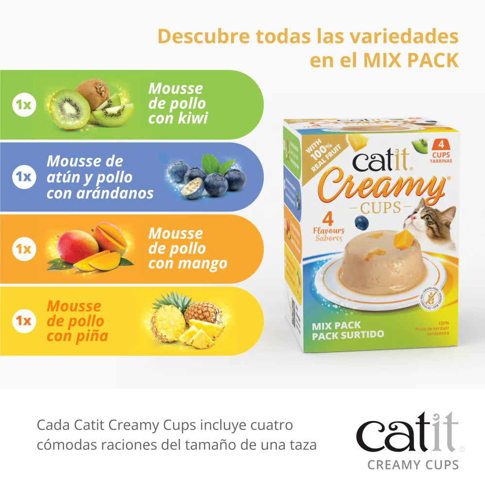 Snack Catit Creamy Cups para gatos con mousse cremosa y fruta natural