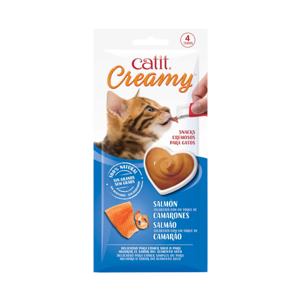 4 tubos Catit Creamy salmón y gambas snack cremoso para gatos