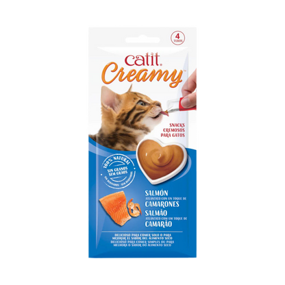 4 tubos Catit Creamy salmón y gambas snack cremoso para gatos
