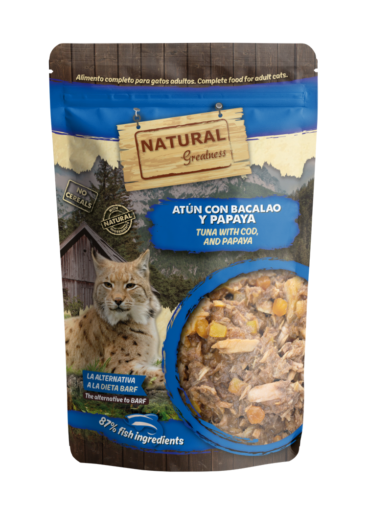 Natural Greatness Atún con Bacalao y Papaya, pouch completo de 70 g para gatos adultos