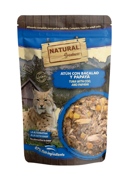 Natural Greatness Atún con Bacalao y Papaya, pouch completo de 70 g para gatos adultos