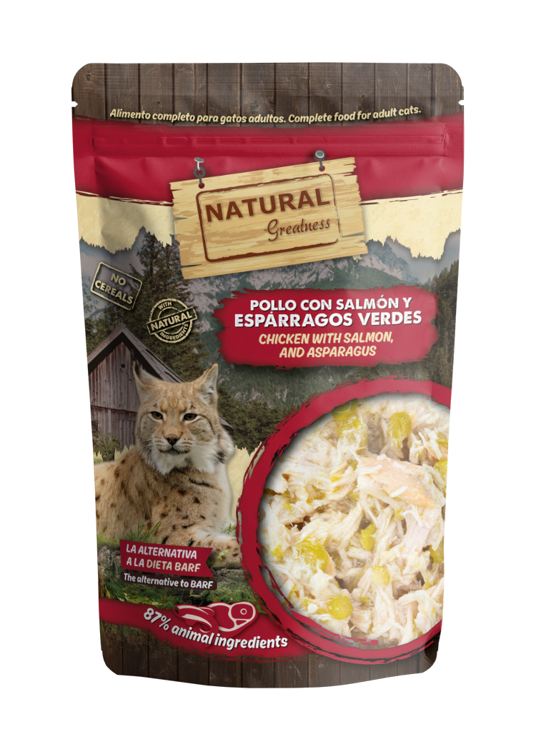Natural Greatness Pollo con Salmón y Espárragos Verdes, pouch completo de 70 g para gatos adultos