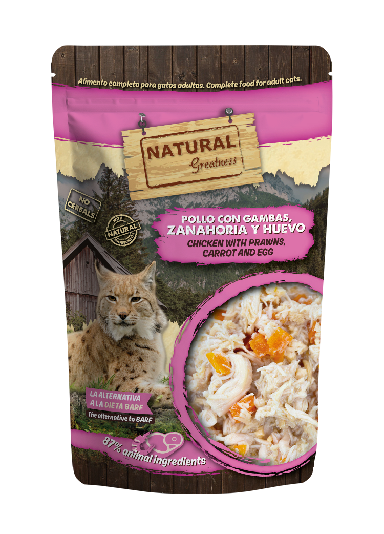 Natural Greatness Pollo con Gambas, Zanahoria y Huevo, pouch completo de 70 g para gatos adultos