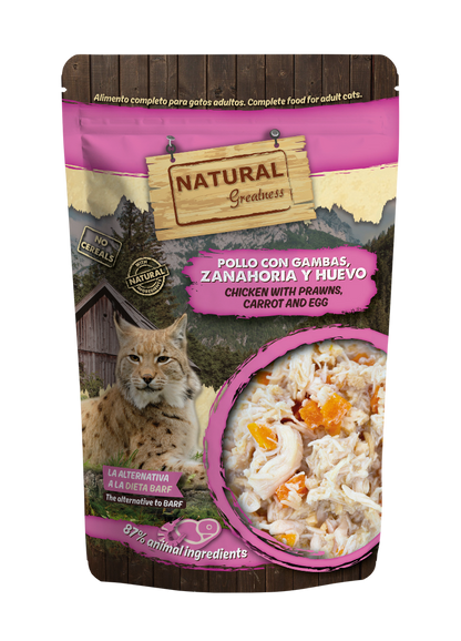Natural Greatness Pollo con Gambas, Zanahoria y Huevo, pouch completo de 70 g para gatos adultos