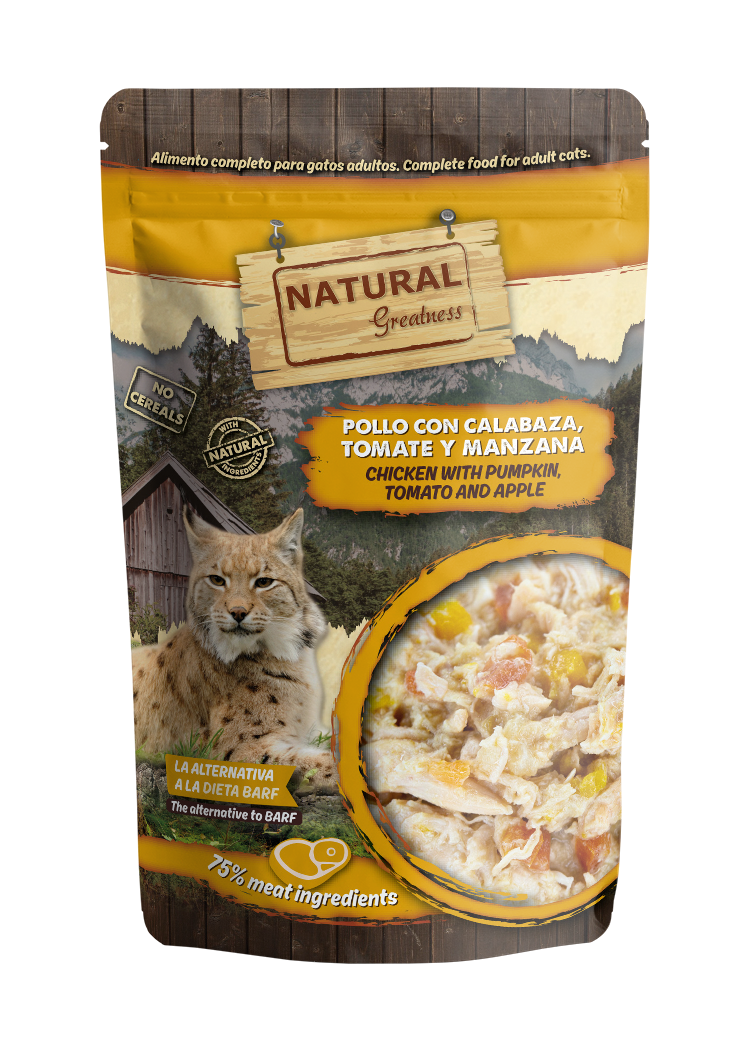 Natural Greatness Pollo con Calabaza, Tomate y Manzana, pouch completo de 70 g para gatos adultos