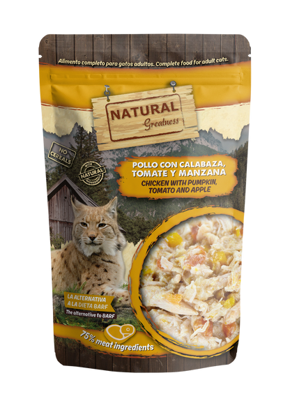Natural Greatness Pollo con Calabaza, Tomate y Manzana, pouch completo de 70 g para gatos adultos