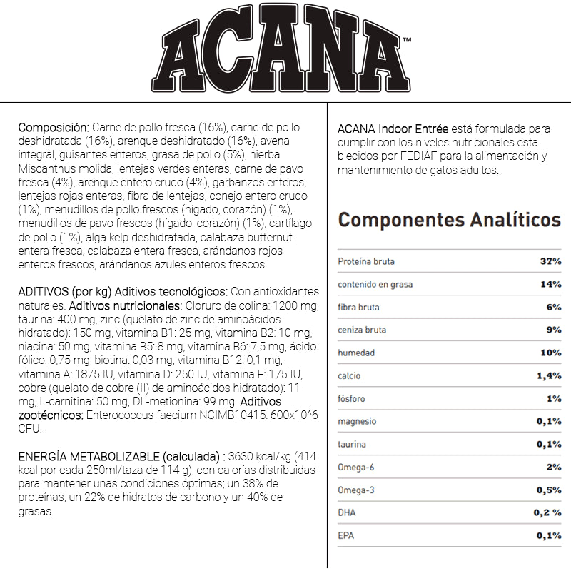 Pienso ACANA Indoor Entrée para gatos adultos de interior con pollo arenque avena sin colorantes
