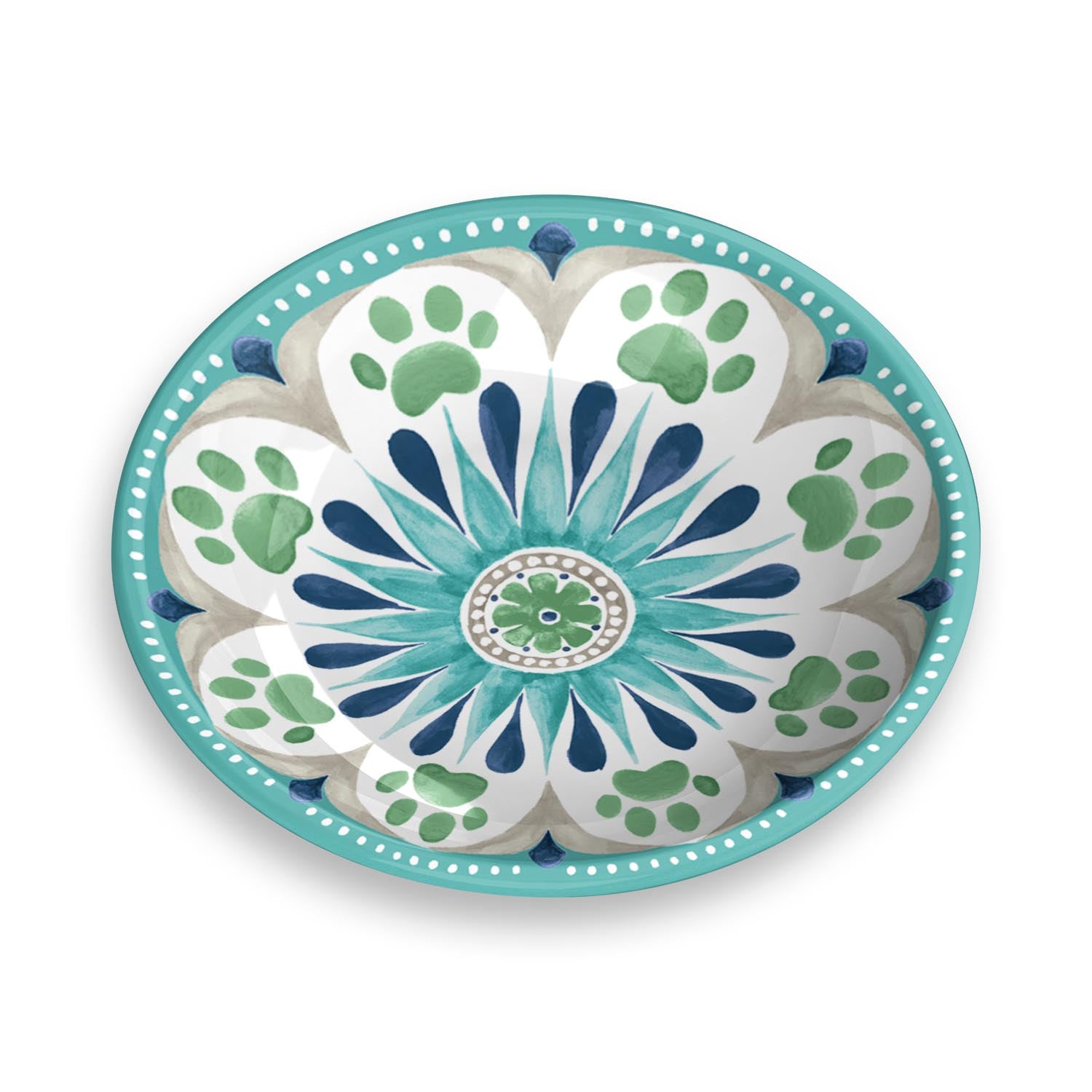 Plato de melamina con diseño floral y huellitas verdes y azules, ideal para gatos y perros pequeños.