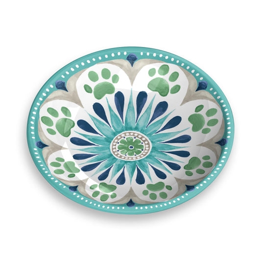 Plato de melamina con diseño floral y huellitas verdes y azules, ideal para gatos y perros pequeños.