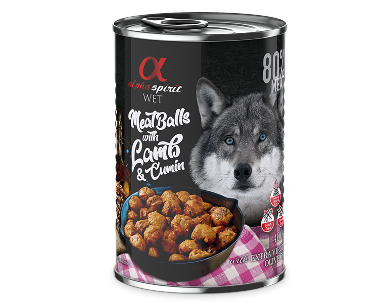 Albóndigas húmedas Alpha Spirit de cordero y comino para perros adultos