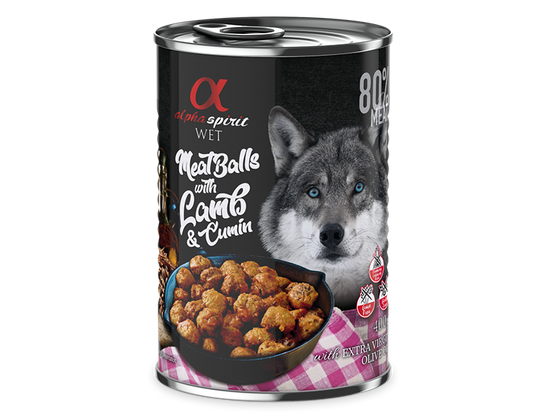 Albóndigas húmedas Alpha Spirit de cordero y comino para perros adultos