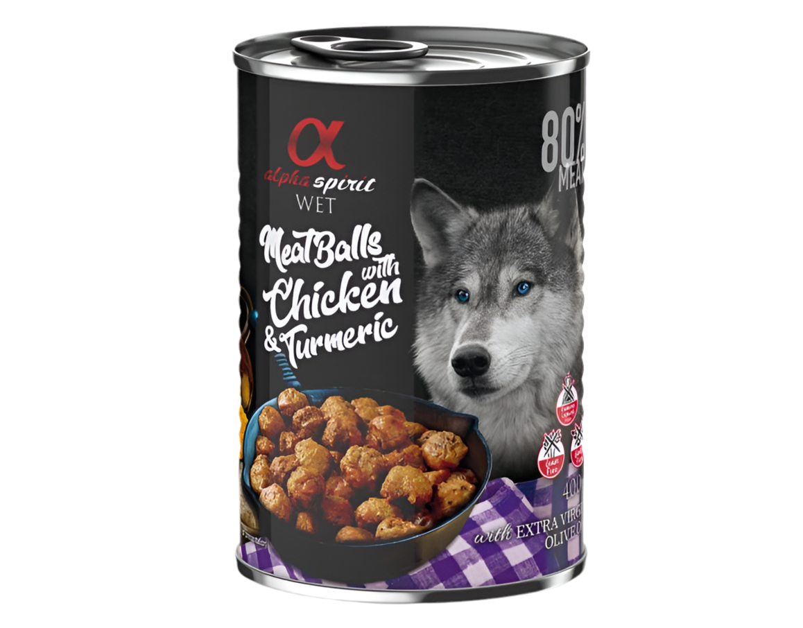 Albóndigas húmedas Alpha Spirit de pollo con cúrcuma para perros adultos