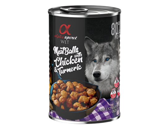 Albóndigas húmedas Alpha Spirit de pollo con cúrcuma para perros adultos